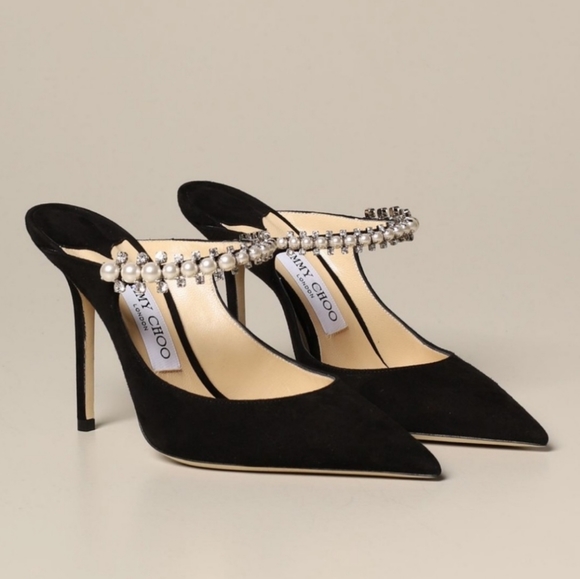 Jimmy Choo Shoes - Jimmy Choo Bing 100 Black Suede Mule Pump with Pearl 38